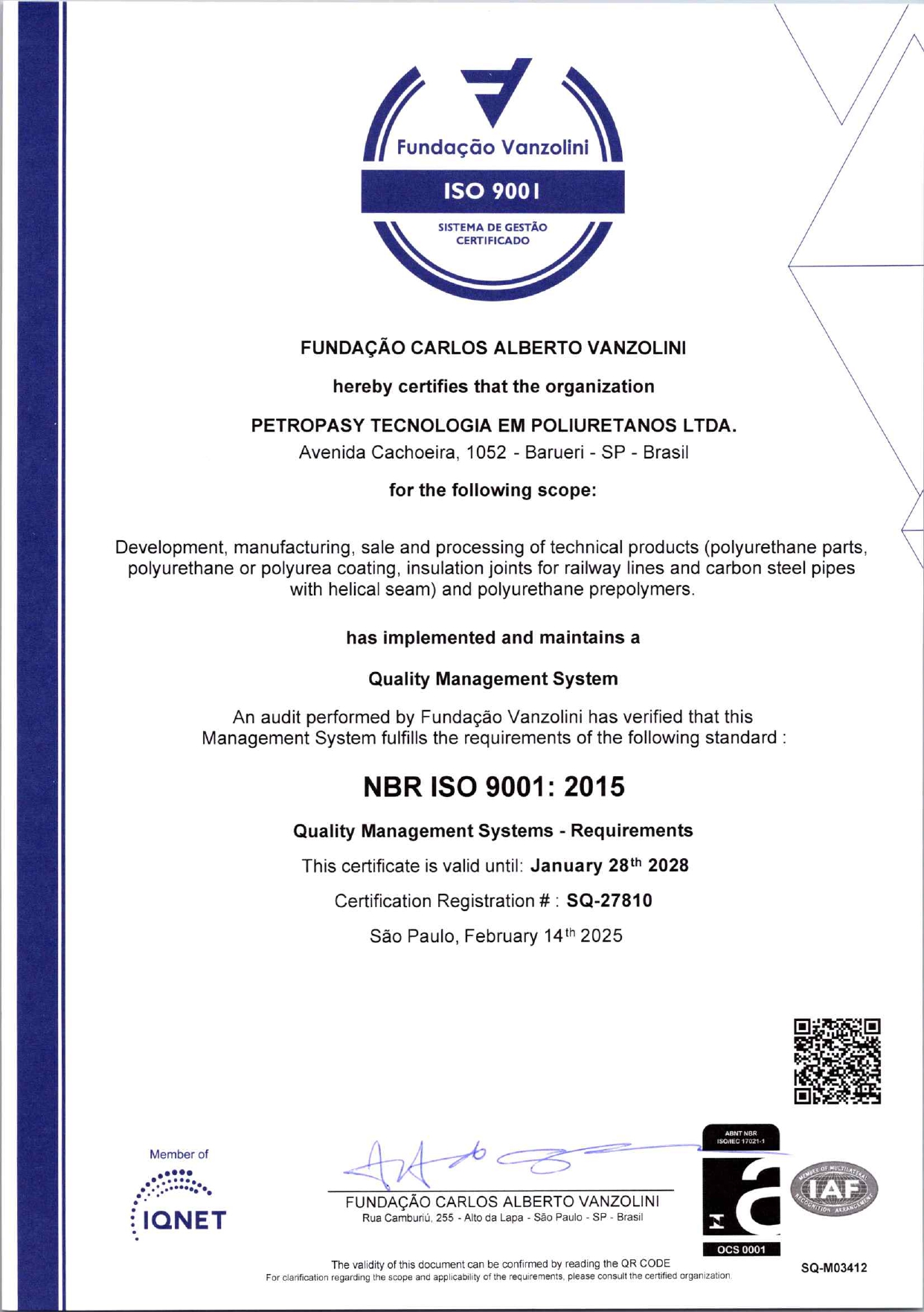 Texto em inglês do Certificado ISO 9001